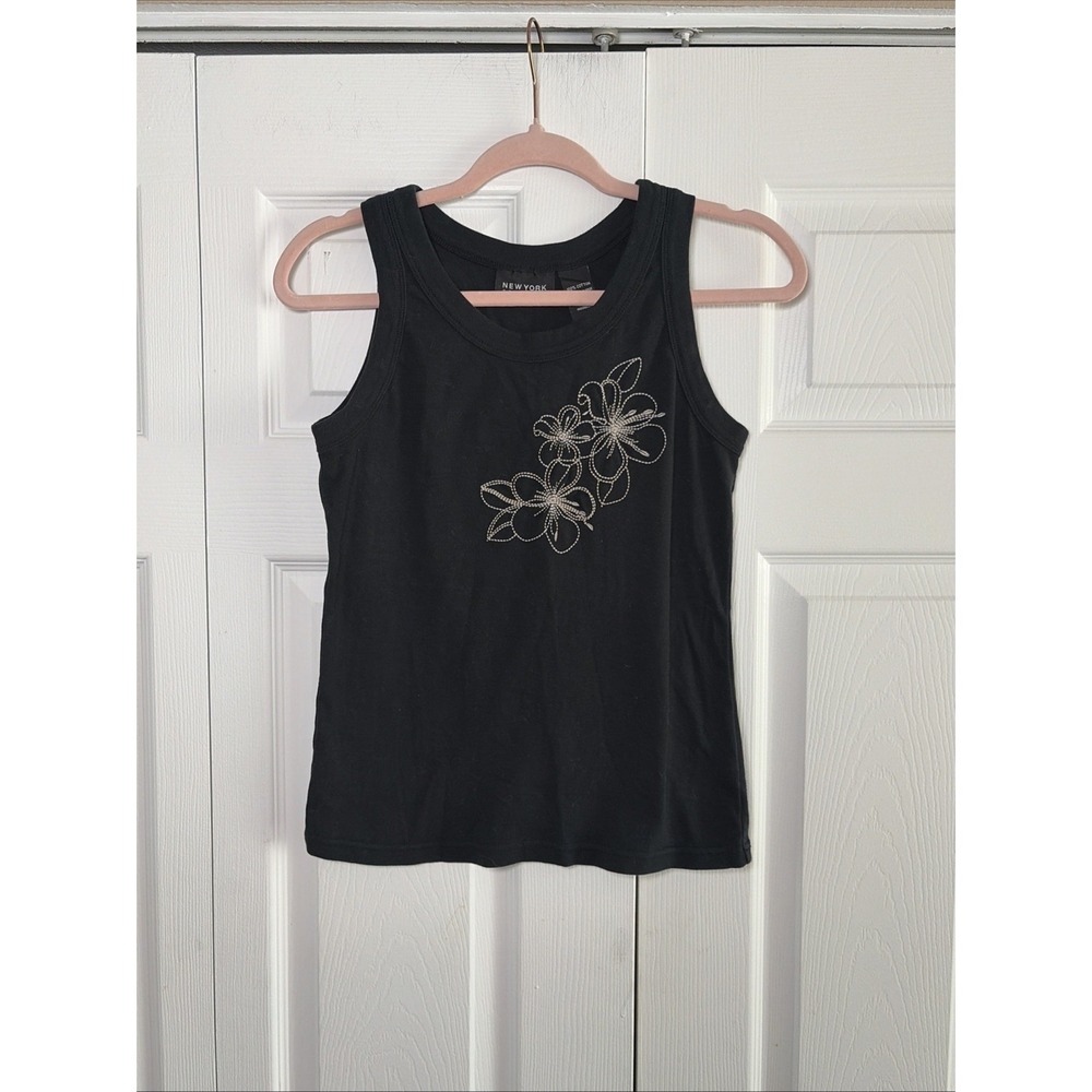 New York & Company Embroidered Floral Tank Womens Size M Black Y2K 100% Cotton